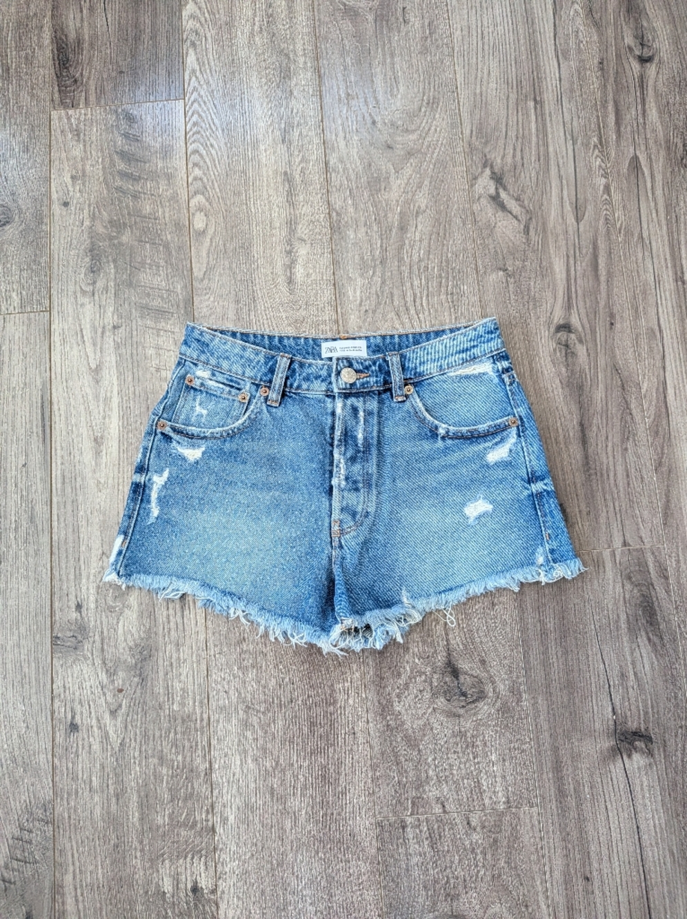 ZARA Y2K Medium Wash Blue High-Rise Distressed Jean Shorts Button Fly - Picture 9 of 9